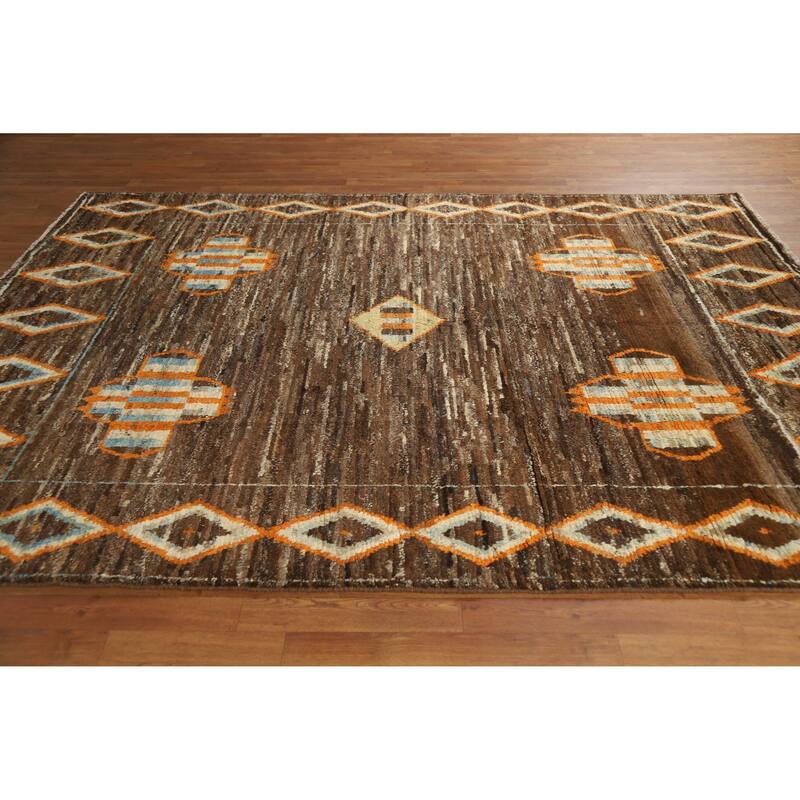 Brown Moroccan Oriental Area Rug Hand-Knotted Wool Carpet - 6'11" x 9'5"