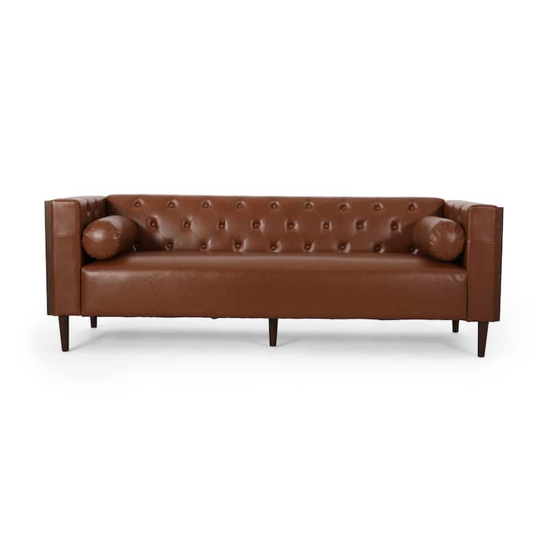 Biya Sofa, 3 Seater, 90 Inch, Tufted Brown Faux Leather, 2 Pillows