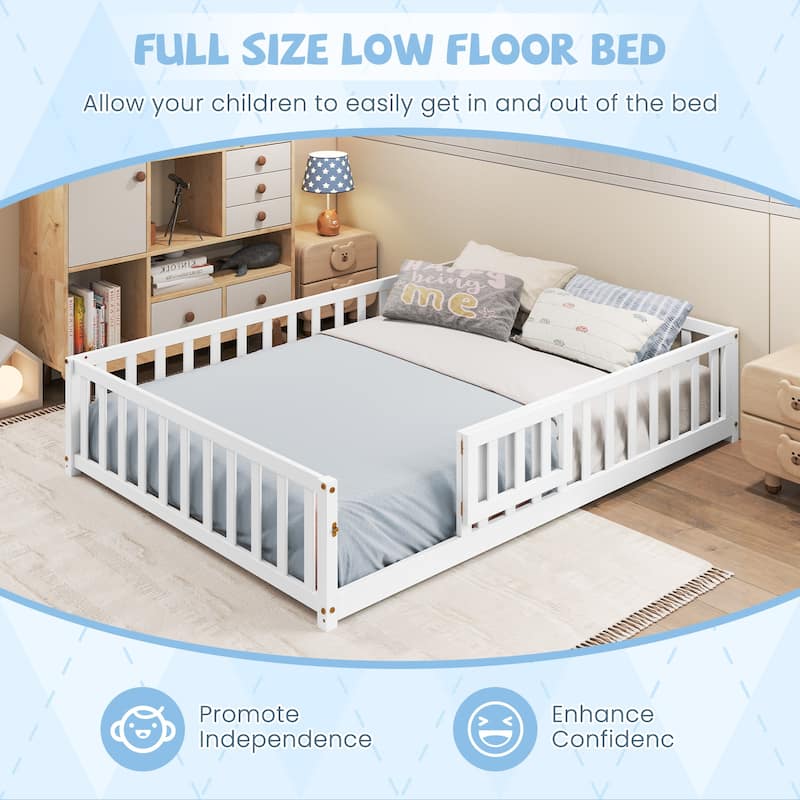 Montessori Floor Bed Frame with Full-length Guardrails Safety Door and Plywood Slats