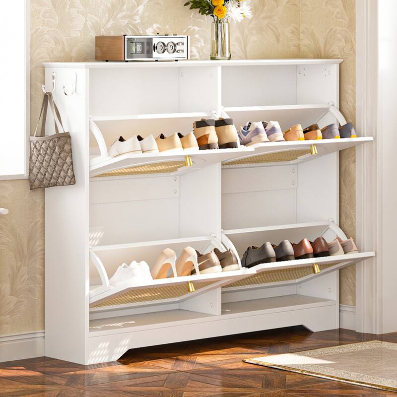 Mid-Century Shoe Cabinet with 4 Flip Drawers - Narrow Entryway Organizer with Rattan Doors & Hooks