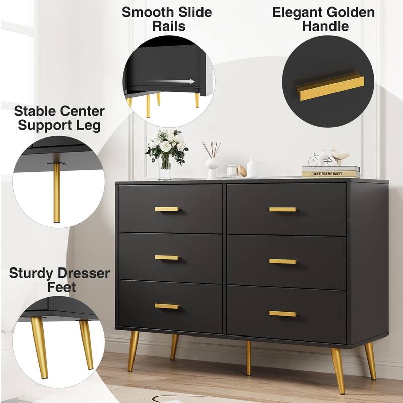 Modern Wooden 6 Drawer Dresser with Vintage Pattern Design