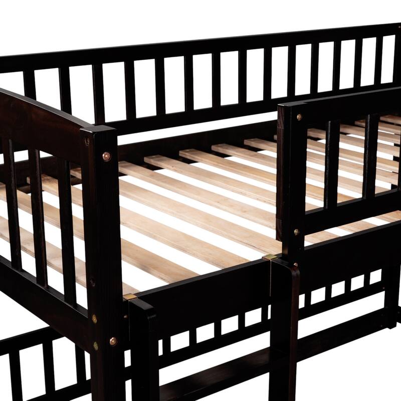 Twin Over Twin / Full Over Full Bunk Bed with Slide and Fence, Low Wood Frame with Ladder for Kids and Teens