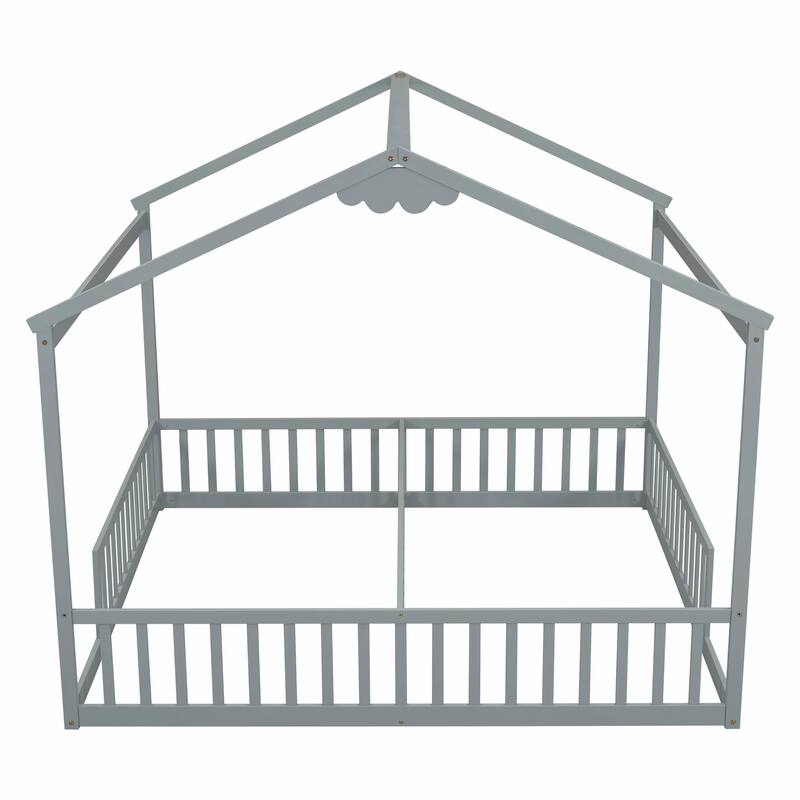 Double Twin House-Style Floor Bed with Fence and Guardrails, No Door