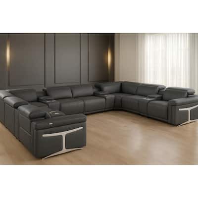 HomeRoots Dark Gray Italian Leather Power Reclining U Shaped Twelve Piece Sectional With Console