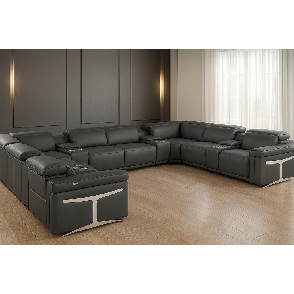 HomeRoots Dark Gray Italian Leather Power Reclining U Shaped Twelve Piece Sectional With Console
