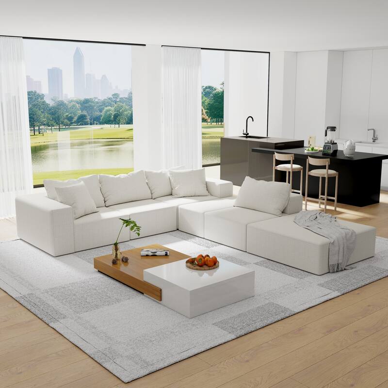 Floor Upholstered Sectional Sofa Modular L Shaped Couch Set with 6 Pillows and Ottomans, Living Room Sleeper Sofa Bed