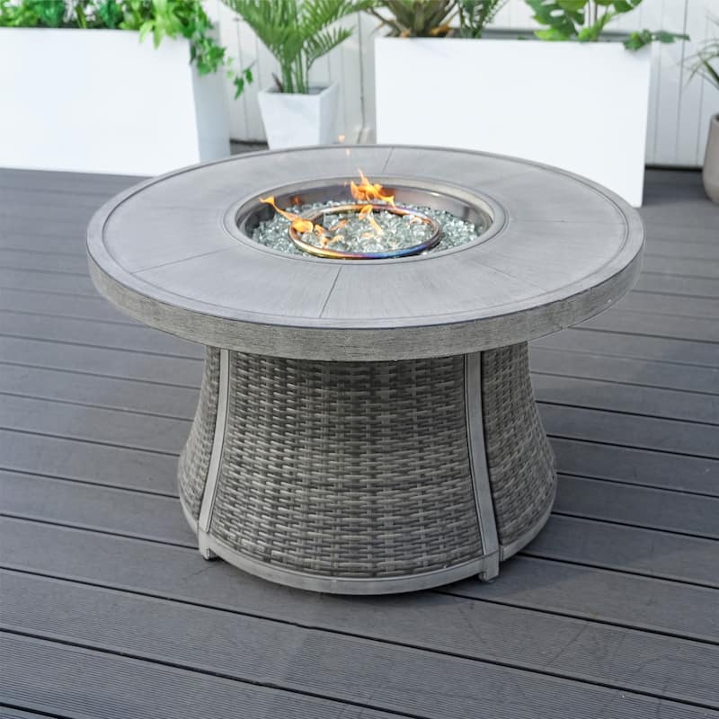 8-Seat Modular Patio PE Rattan Sofa Set with Aluminum Round Fire Pit Table
