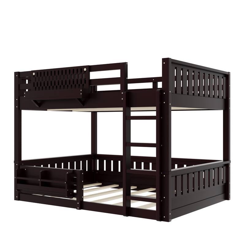 Roomfitters Queen over Queen Bunk Bed with Bookshelf and Pegboard, Solid Wood Split Frame