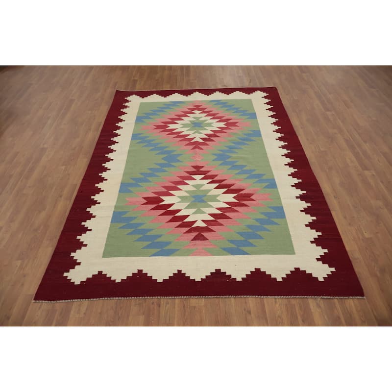 Hand Woven Oriental 100% Wool Carpet Southwestern Tribal Multi-Colored Kilim Area Rug - 9' 0'' X 6' 3''