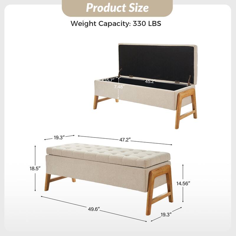 Rita Mid-century Modern Upholstered Storage Bench with Tufted Seat and Solid Wood Leg by HULALA HOME