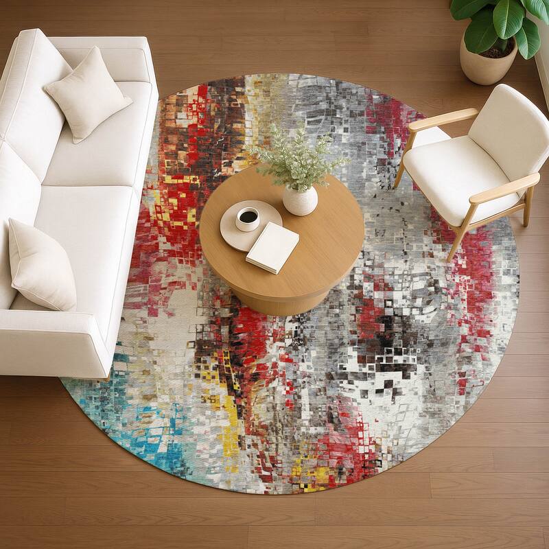 Machine Washable Indoor/ Outdoor Abstract Pixels Chantille Rug