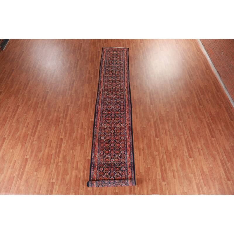 Hand Knotted Oriental 100% Wool Carpet Traditional Floral Navy Blue & Blues Mahal Runner Rug - 18' 9'' X 3' 1''