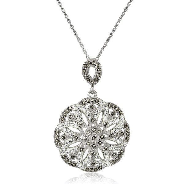 Crystaluxe Flower Pendant with Marcasite & Swarovski Crystals in Sterling Silver, 18" - White