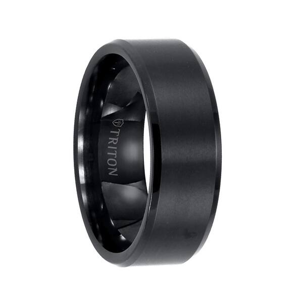 Triton 8mm Black Tungsten Diagonal Cut Satin Center Polished Edge Band Ring