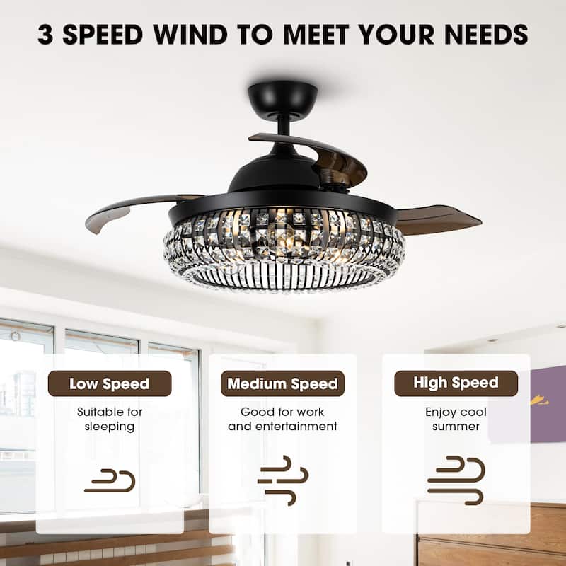 Modern 3-Blade Matte Black Crystal Caged Retractable Ceiling Fan with Remote and Light Kit - 41.73-in W x 16.2-in H