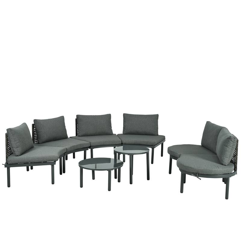 8-Piece Patio Sofa Furniture Set, Half Moon Sectional Sofa with 2 High-Low Coffee Tables, 6 Pillows & Cushions