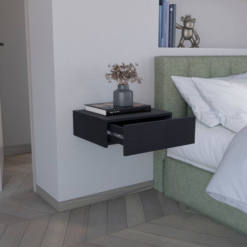 Modern Wall-Mounted Bedside Shelf with Drawer, Black