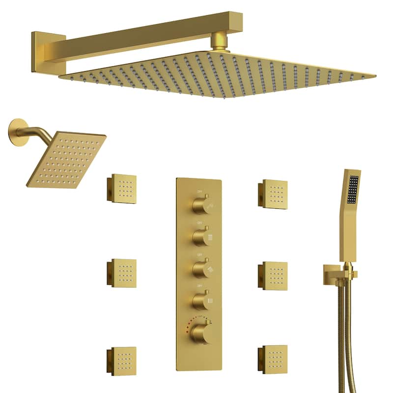 Dual Heads 16" Rainfall & High Pressure 6" Thermostatic Shower System with Body Jets