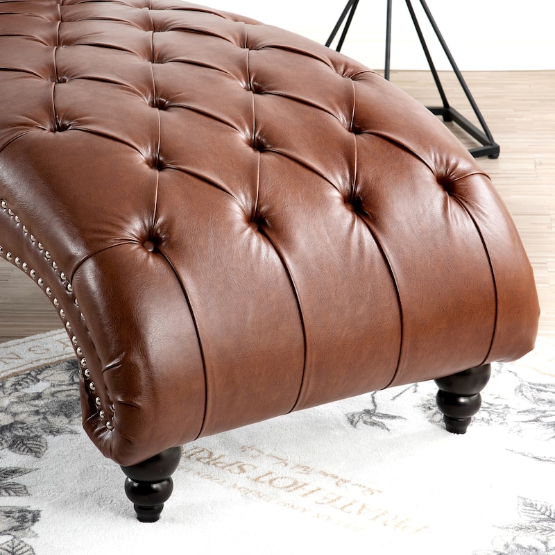 PU Tufted Armless Chaise Lounge with Nailhead Trim and Wood Legs