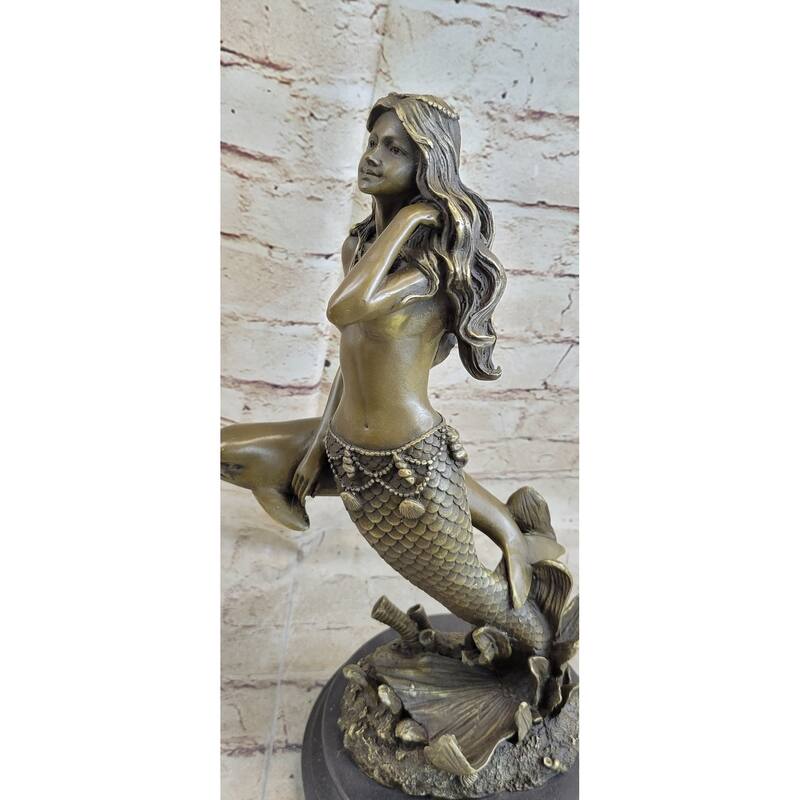 Mermaid And Imitative Dolphin Bronze Statue Sculpture Figure Original Art Marble Base 14 Inches X 9 Inches