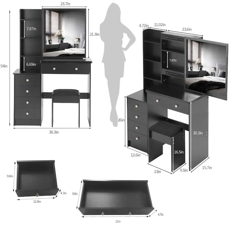 37"L Middle Size Vanity Table with Stool and Sliding Mirror