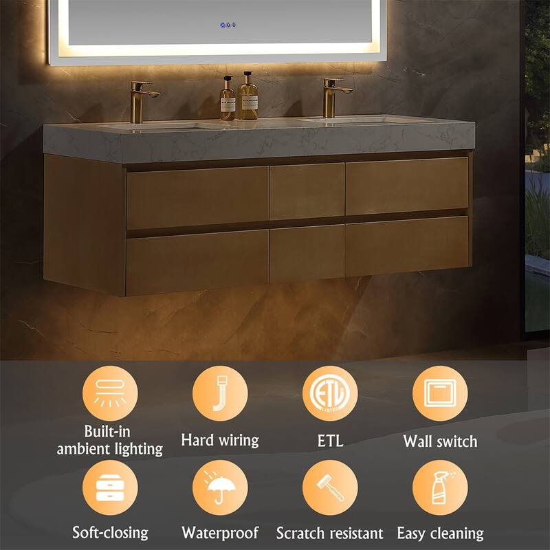 48 in./ 60 in. Solid Wood Wall-Mounted Bathroom Vanity Set in Maple with Engineered Stone Top and Ceramic Sink