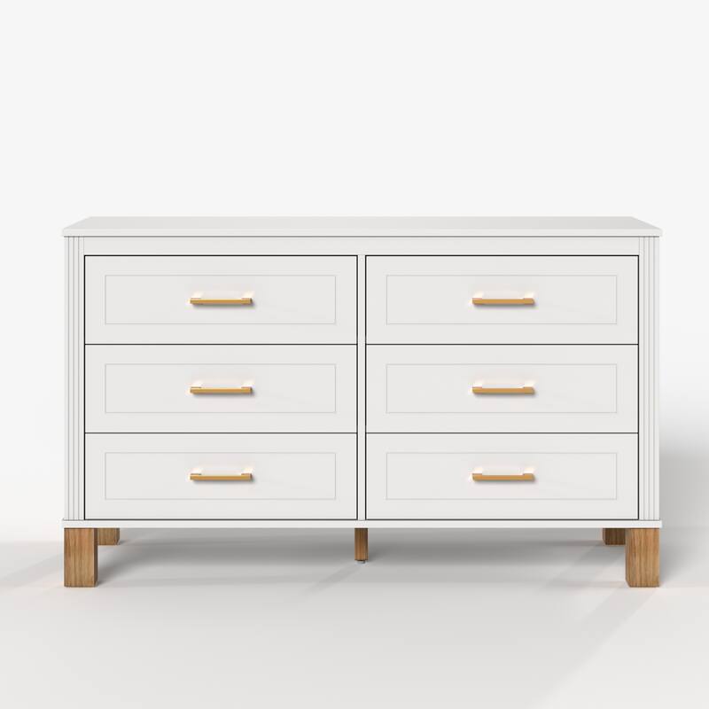 Roomfitters 6-Drawer Double Dresser, Modern Bedroom Storage Cabinet with Solid Wood Legs & Metal Handles