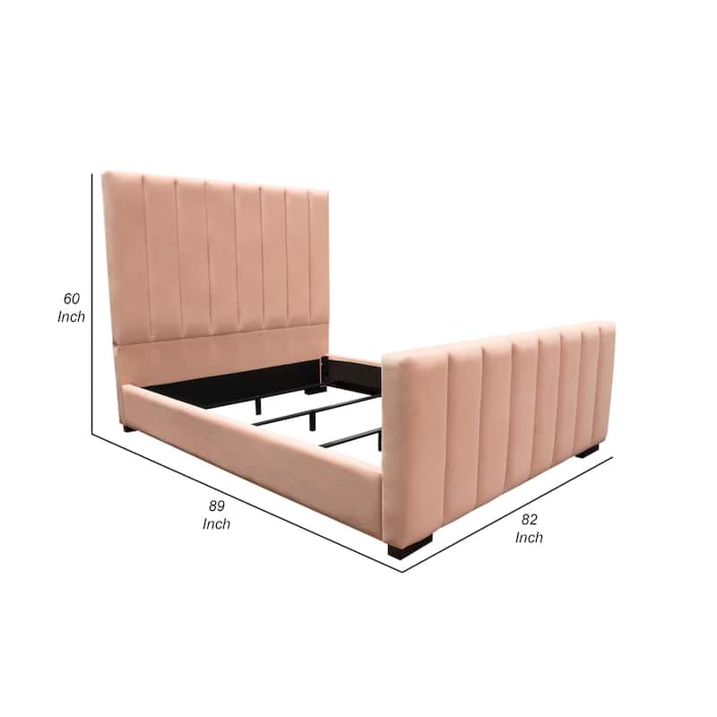 Eva King Bed, Vertical Channel Tufted Blush Pink Velvet Upholstery