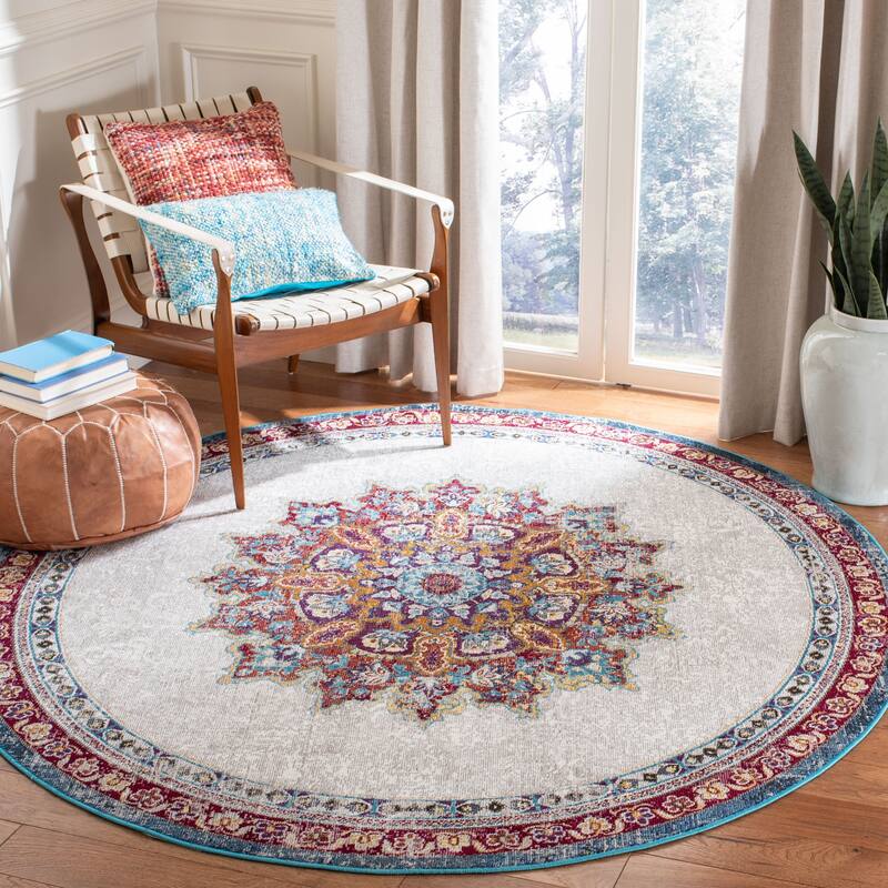 SAFAVIEH Aria Prakseda Vintage Boho Oriental Rug - 6'5" Round - Ivory/Navy