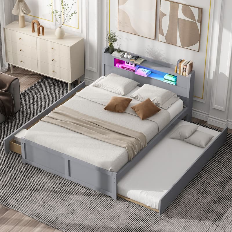 Queen Size Platform Bed with LED Lights & Trundle, Wood Storage Bed Frame with Headboard Shelf & 2 Drawers for Kids Teens Adults - Grey - Queen