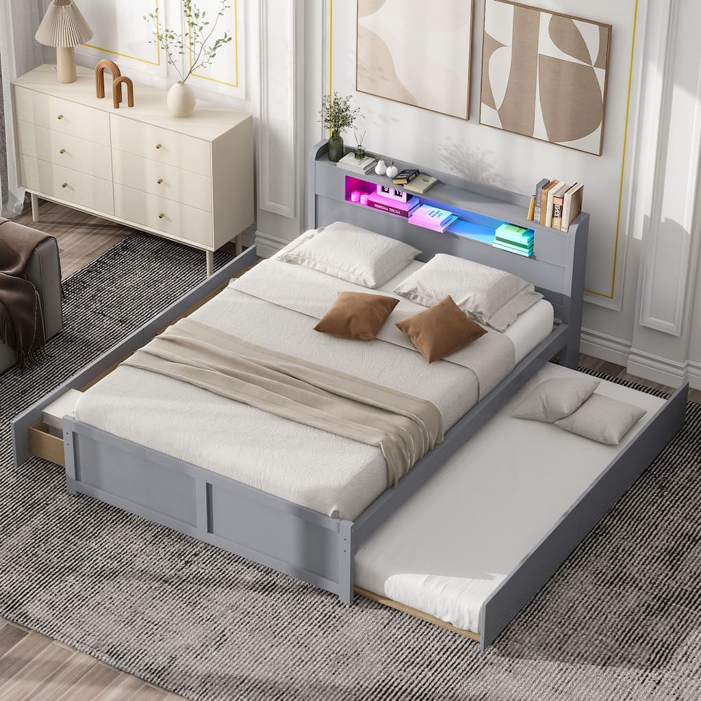 Queen Size Platform Bed with LED Lights & Trundle, Wood Storage Bed Frame with Headboard Shelf & 2 Drawers for Kids Teens Adults