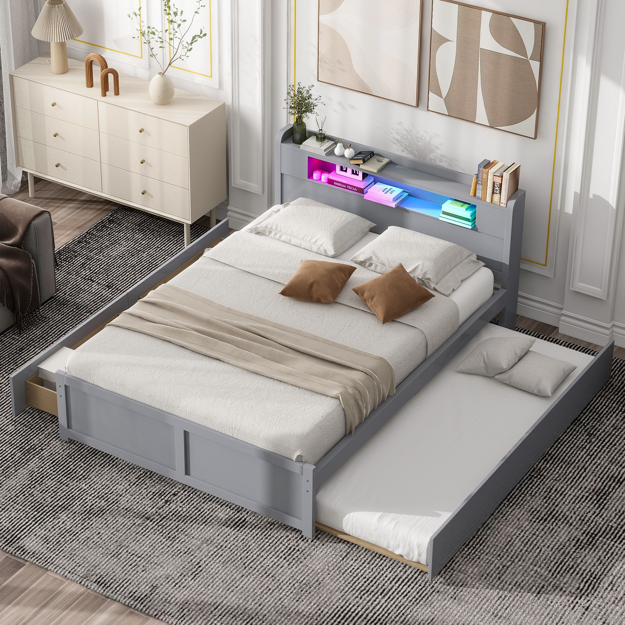 Queen Size Storage Bed with LED Headboard, Twin Trundle, 2 Drawers, Pine Wood Frame, Ideal for Extra Sleeping and Storage
