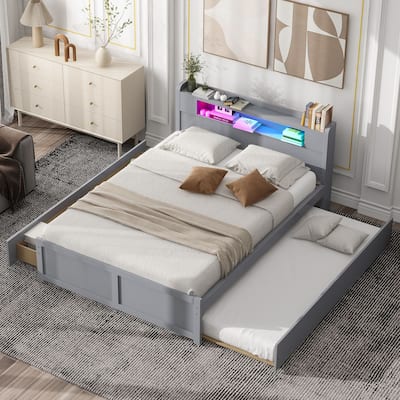 Queen Size Wood Storage Platform Bed with LED, 2 Drawers and 1 Twin Size Trundle, Gray