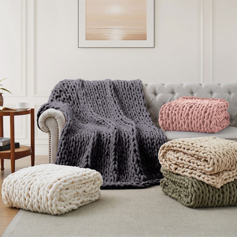 Handmade Chunky Knit Chenille Yarn Throw Blanket 50"x60"