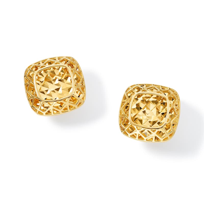 Clover 14K Yellow Gold High-Polish Diamond-Cut Cushion Shape Stud Earrings