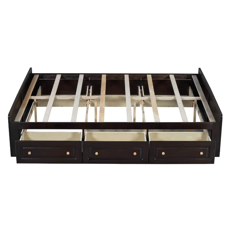 Queen Size Wood Platform Bed Frame with 6 Storage Drawers in Espresso Finish
