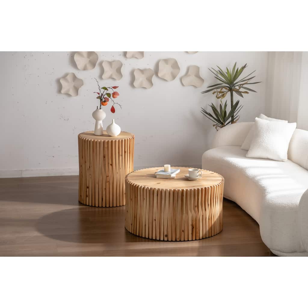 GDFStudio Zephron Vintage Round Coffee Table Set with Fir Wood Relief and Retro Design