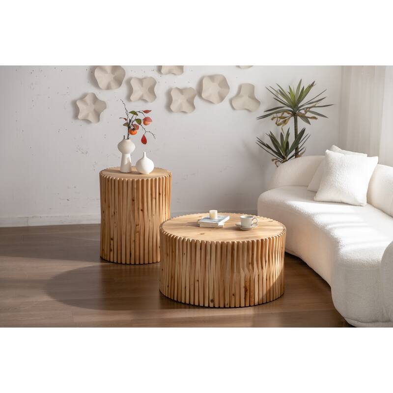 GDFStudio Zephron Vintage Round Coffee Table Set with Fir Wood Relief and Retro Design - Natural