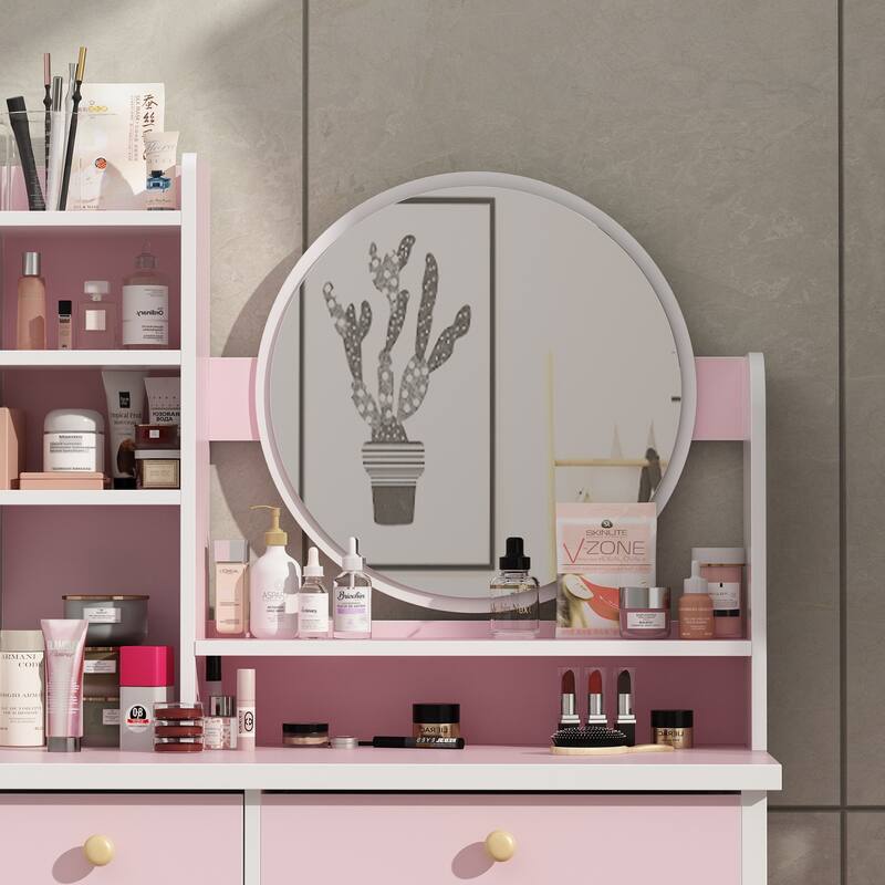 Makeup Vanity Set Dresser w/Mirror Stool 5 Drawers - White/Pink/Black - 31.5"L x 15.7"W x 52"H