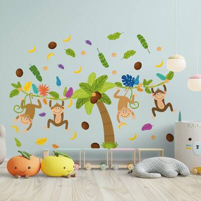Colourful Jungle Happy Monkeys Kids Wall Stickers Nursery Decals Art - Multi