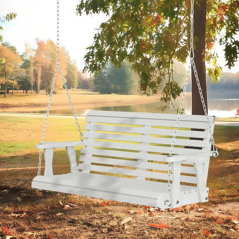 2-Seat Outdoor Wooden Porch Swing Bench with Hanging Chains & Wide Armrests & Cup Holder
