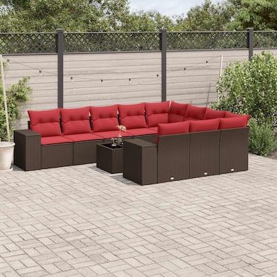 vidaXL 10/11 Piece Patio Sofa Set with Cushions Black/Brown/Gray Poly Rattan - 24.4 x 24.4 x 27.2