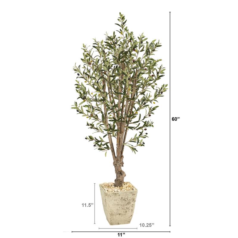 Artificial Olive Tree with Planter - 5ft Indoor Faux Tree, Realistic Greenery Decor, Home Office Accent - Green - 51-60 Inches