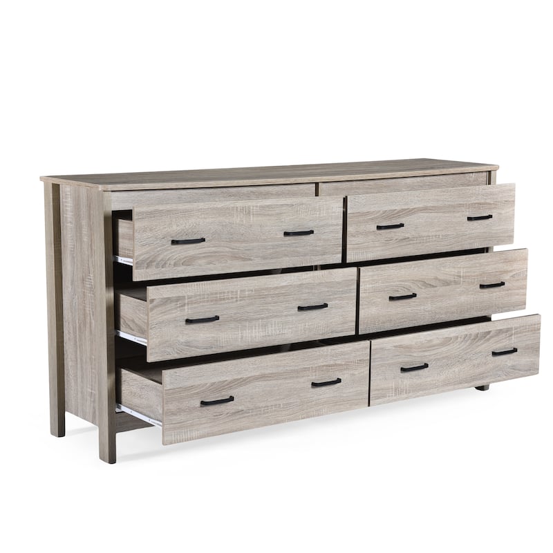 Roomfitters 6-Drawer Wide Dresser, Modern Wood Storage Chest with Metal Handles, Bedroom Accent Organizer, Oak