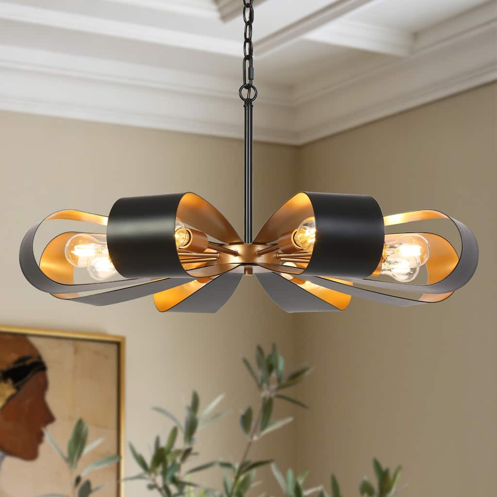Modern Industrial 8-Light Chandelier Black Gold Floral Pendant Light for Living Room and Dining Room - 32.6 " × 15.8 "