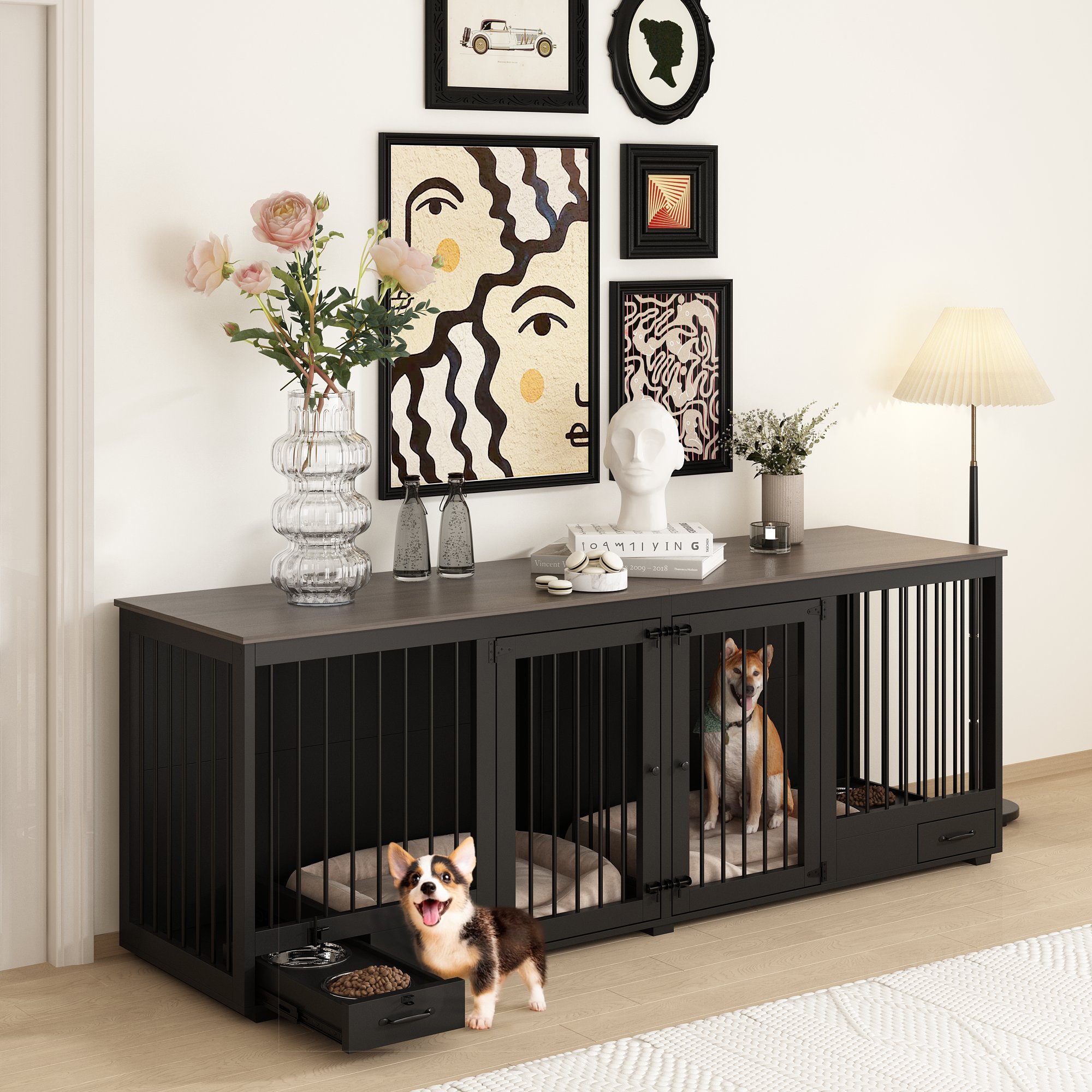 86.6 Modern White and Walnut Dog Crate Furniture Versatile and Stylish 86.6 Wx31.5 Hx23.6 D Black