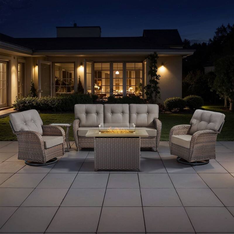 TWrap Wicker Patio Fire Pit Conversation Set with 3-Seat Sofa & Swivel Gliders - Brown/Gray - No Ottomans