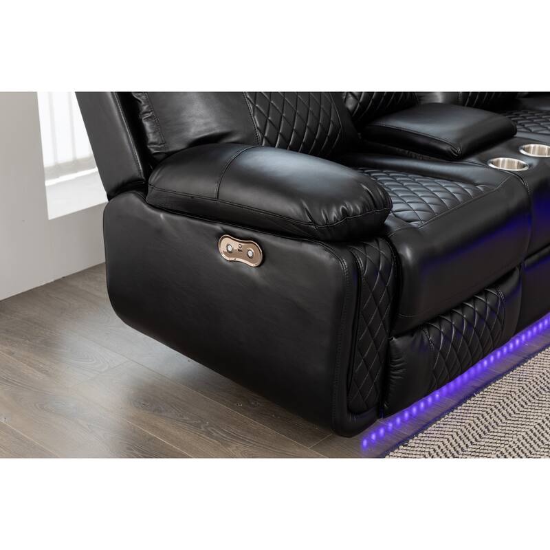 Hathrone 98.5" Wide Vegan Leather Power Reclining Sectional with LED, USB and SubWoofer Sound System