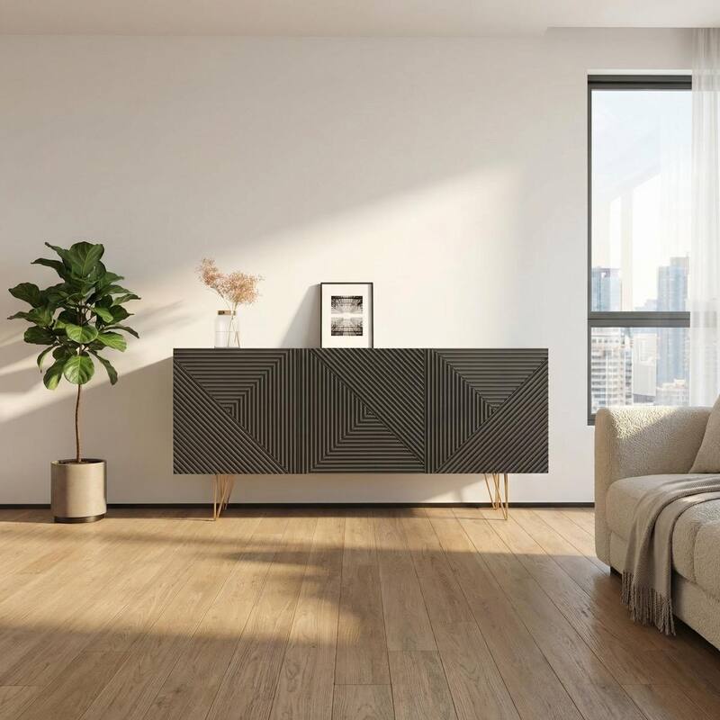 Meble Furniture Giza 3D 63" Sideboard with Matte Body and High Gloss Fronts with Metal Legs 63W x 14D x 29H