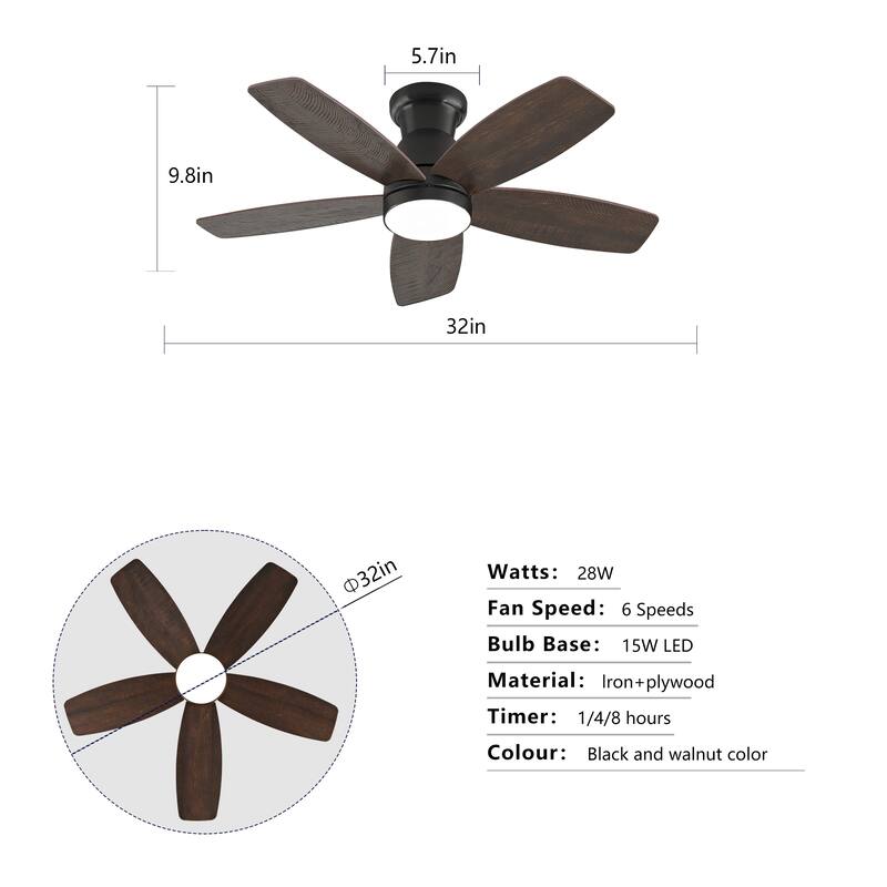 32-inch Low-Profile Ceiling Fan with Light and Remote Control, Dimmable Quiet DC Motor - Black + Dark Walnut